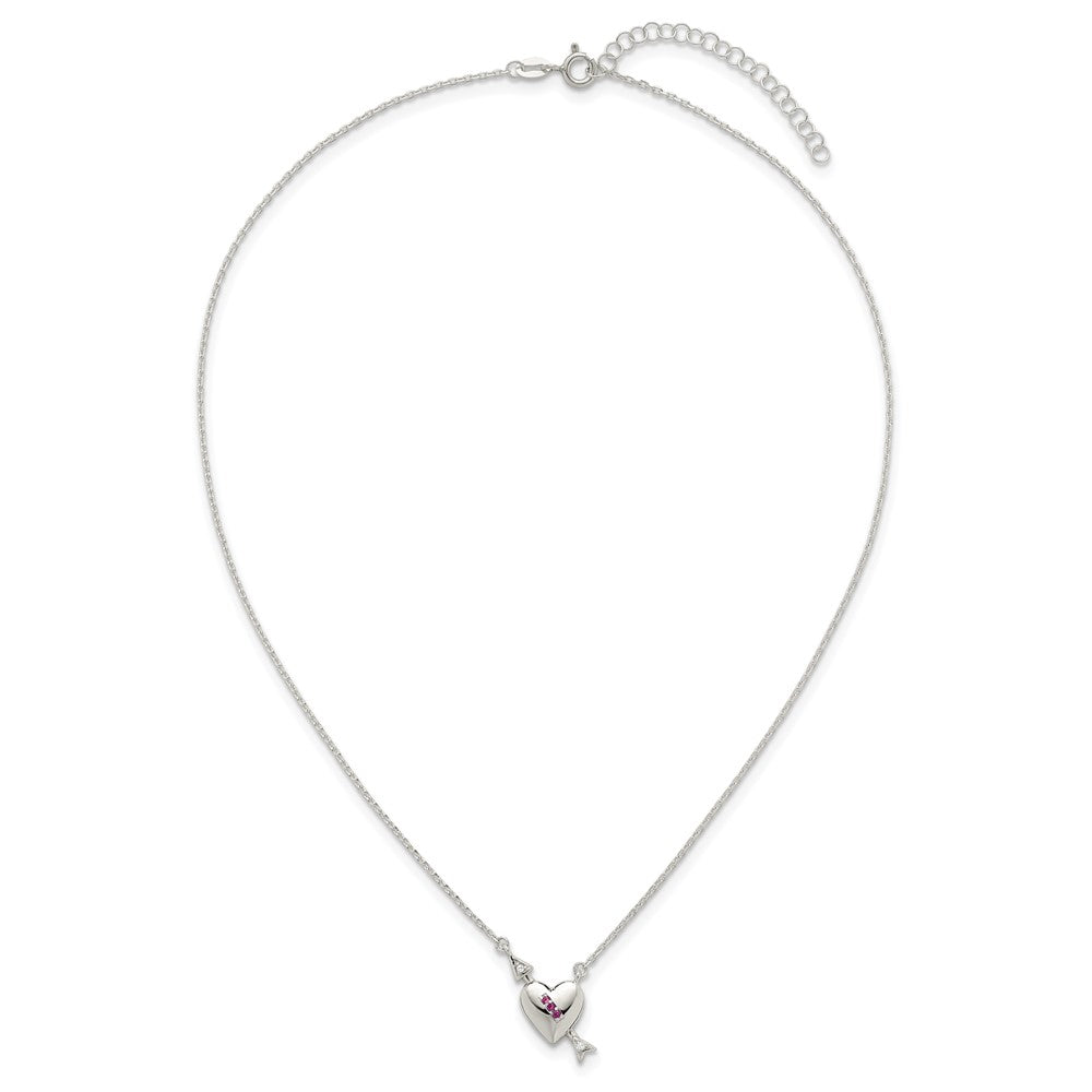 Sterling Silver Pink and White CZ Heart and Arrow W/ 2in Ext Necklace
