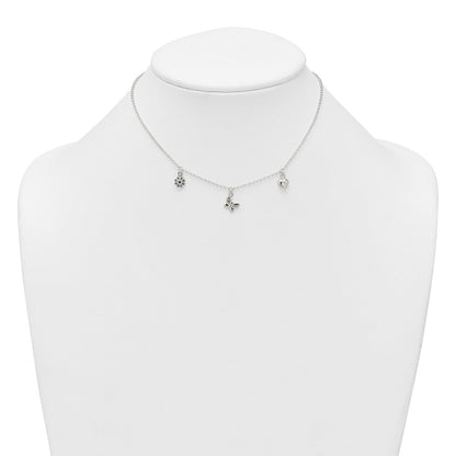 Sterling Silver Polished CZ Flower Butterfly and Heart W/ 1in Ext Children's Necklace