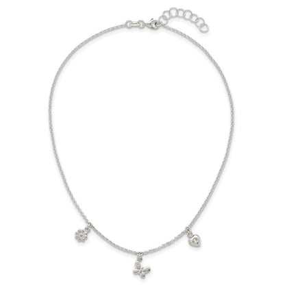 Sterling Silver Polished CZ Flower Butterfly and Heart W/ 1in Ext Children's Necklace