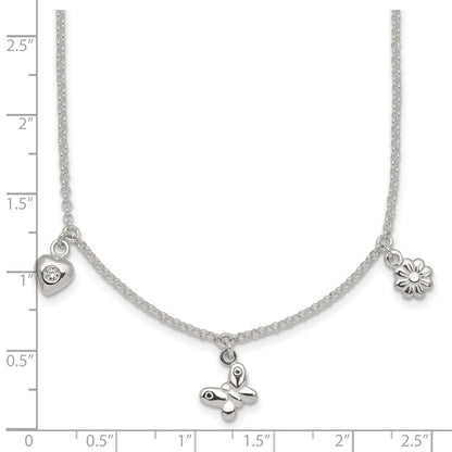 Sterling Silver Polished CZ Flower Butterfly and Heart W/ 1in Ext Children's Necklace