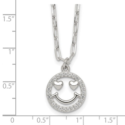 Sterling Silver Polished CZ Heart Eyes Smiley Face Necklace