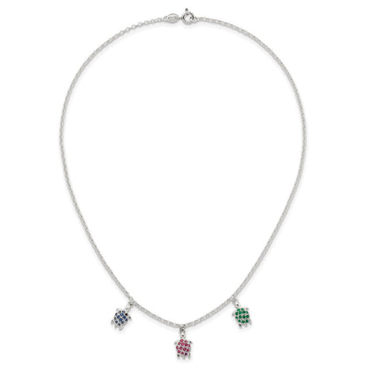 Sterling Silver Polished Green Red and Blue Nano Crystal Turtles Necklace