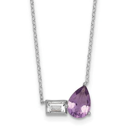 Sterling Silver Rh-Pltd Amethyst and White Topaz Pear Rectangle 16in w/2in Ext Necklace