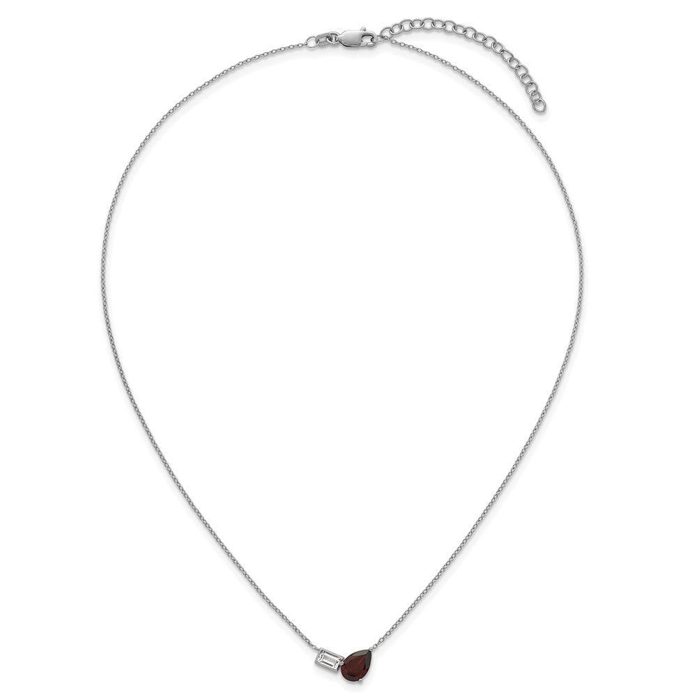 Sterling Silver Rh-Pltd Garnet and White Topaz Pear Rectangle 16in W/ 2in Ext Necklace
