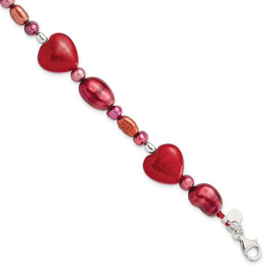 17 Inch Sterling Silver Red Jade Hearts/Fw Cultured Pearl Bracelet