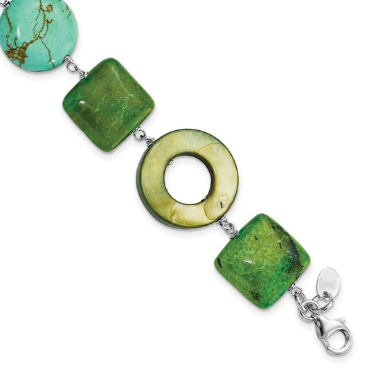8.5 Inch Sterling Silver Chrysocolla, Dyed Howlite & Mother Of Pearl W/ 1.5In Ext Bracelet