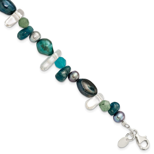 7.75 Inch Sterling Silver Aventurine, Synthetic Blue Quartz/Fwc Pearl Bracelet