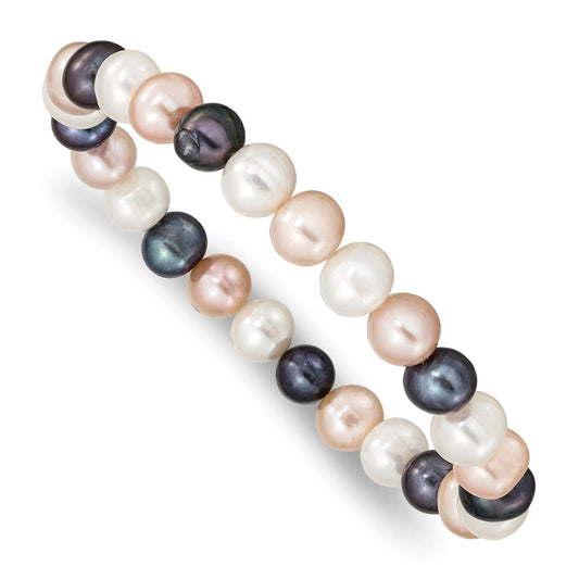 7.5 Inch 8-9mm Fw Cultured White/Peach/Black Pearl Stretch Bracelet