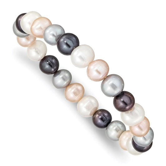 7.5 Inch 8-9mm Fw Cultured White/Platinum/Peach/Black Pearl Stretch Bracelet