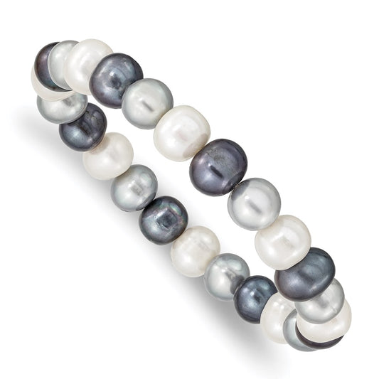 7.5 Inch 8-9mm Fw Cultured White/Platinum/Black Pearl Stretch Bracelet