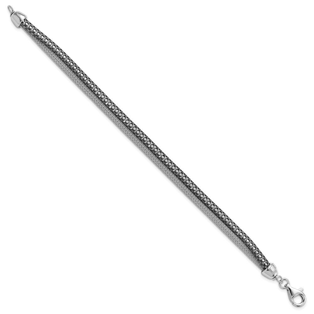 7.5 Inch Sterling Silver W/ Black Rhodium Woven & Box Link Two Strand Bracelet