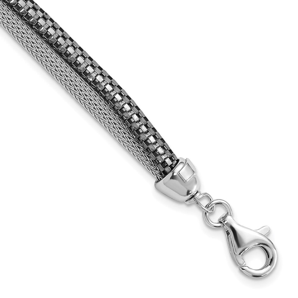 7.5 Inch Sterling Silver W/ Black Rhodium Woven & Box Link Two Strand Bracelet