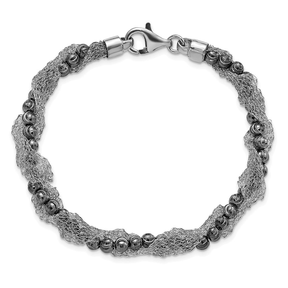 Sterling Silver Ruthenium-Plated Fancy D/C Beaded & Mesh Chain Bracelet