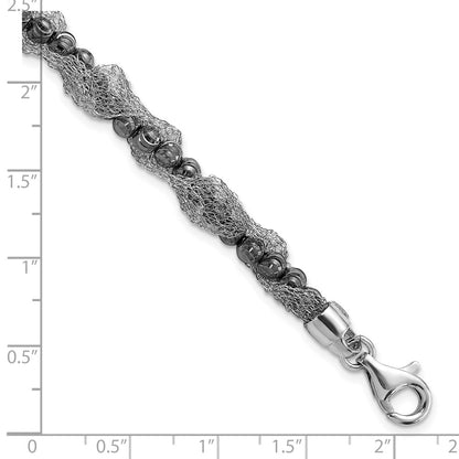 Sterling Silver Ruthenium-Plated Fancy D/C Beaded & Mesh Chain Bracelet