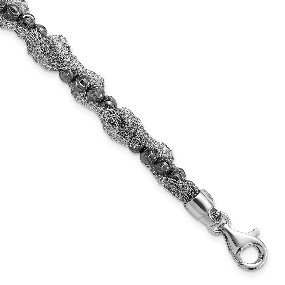 Sterling Silver Ruthenium-Plated Fancy D/C Beaded & Mesh Chain Bracelet