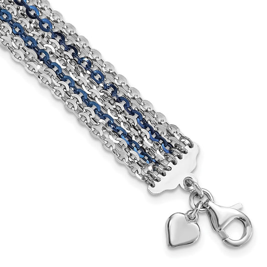 7.5 Inch Sterling Silver Rhodium & Blue-Plated Multi-Strand Chain Bracelet