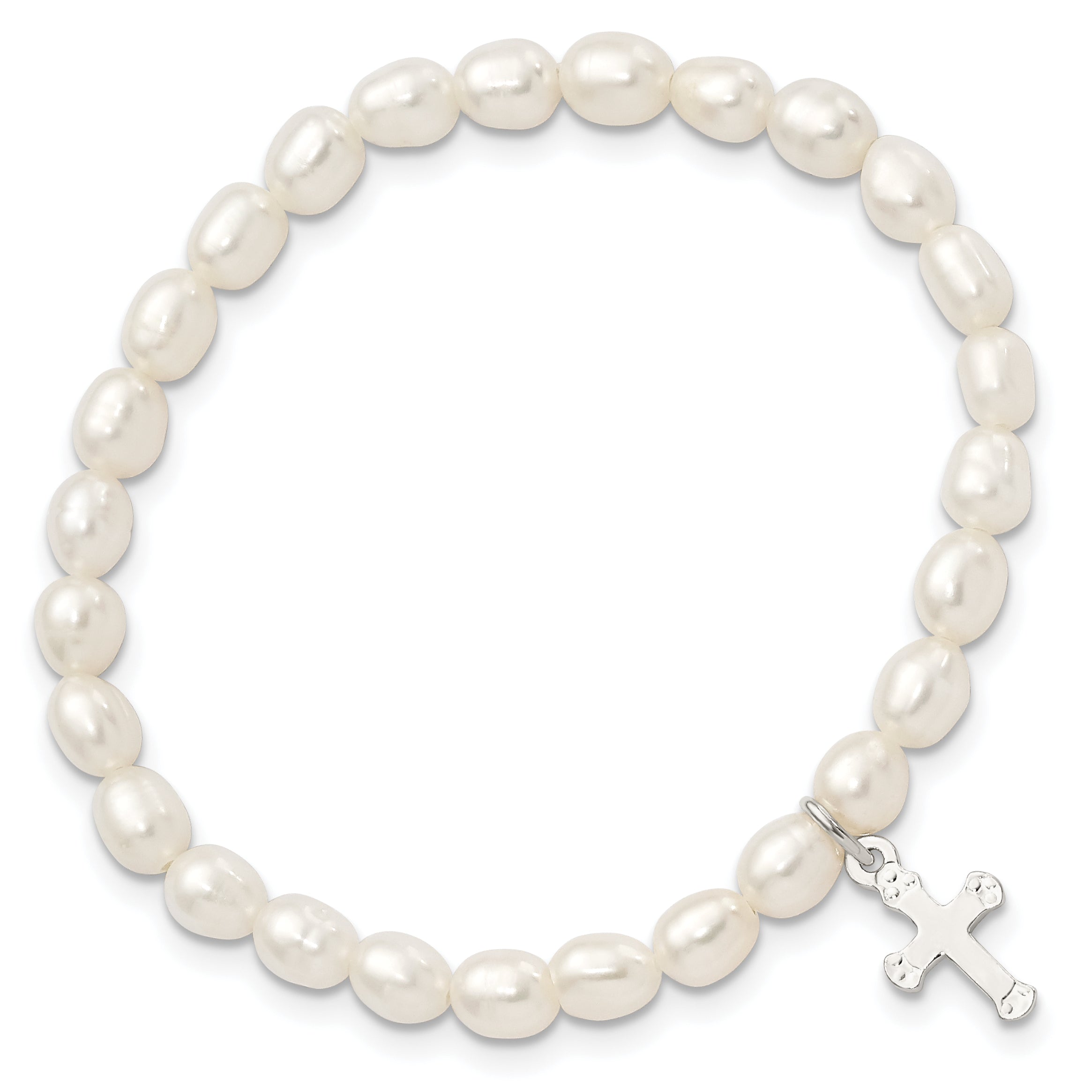 5 Inch Sterling Silver Polished Fwc Pearl & Cross Children'S Stretch Bracelet