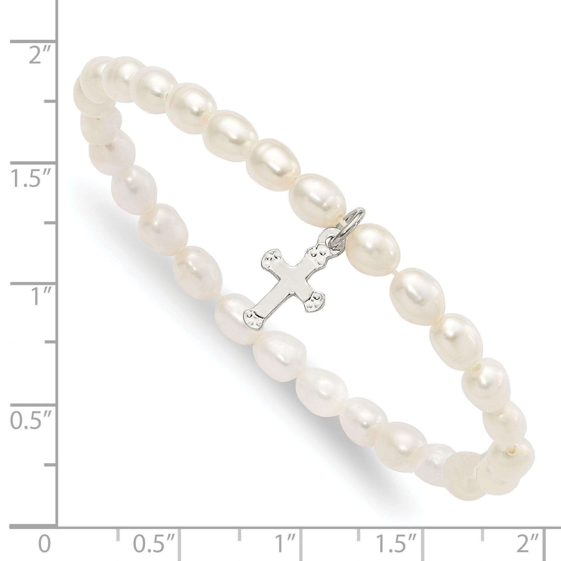 5 Inch Sterling Silver Polished Fwc Pearl & Cross Children'S Stretch Bracelet