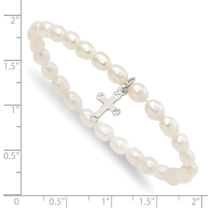 5 Inch Sterling Silver Polished Fwc Pearl & Cross Children'S Stretch Bracelet