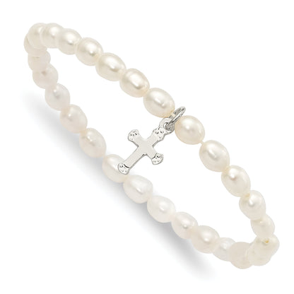5 Inch Sterling Silver Polished Fwc Pearl & Cross Children'S Stretch Bracelet