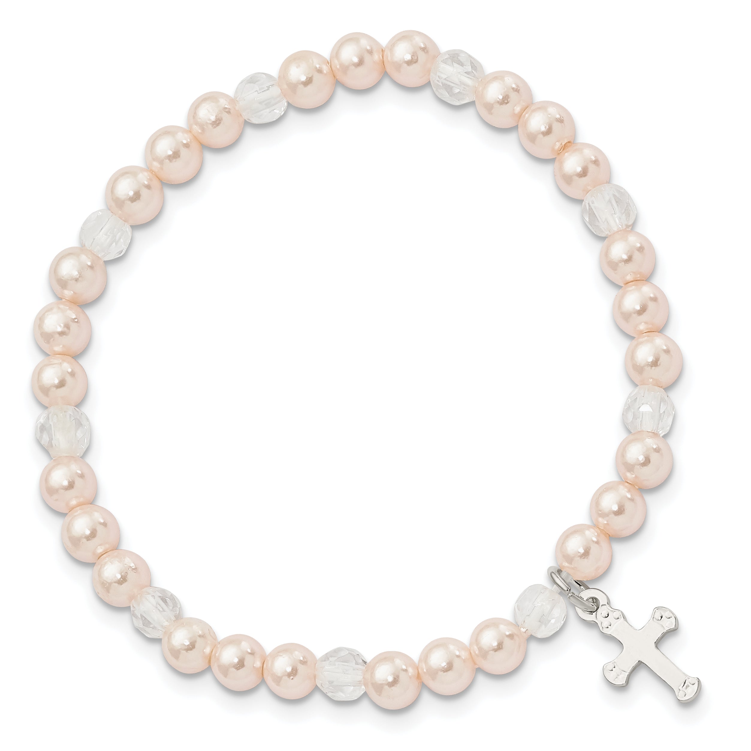 Sterling Silver Pink Shell Bead & Crystal Cross Children'S Stretch Bracelet