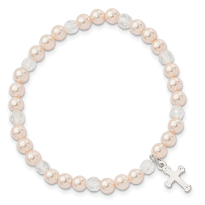 Sterling Silver Pink Shell Bead & Crystal Cross Children'S Stretch Bracelet