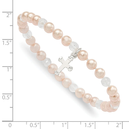 Sterling Silver Pink Shell Bead & Crystal Cross Children'S Stretch Bracelet