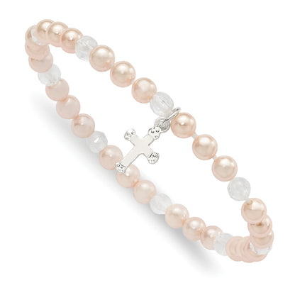 Sterling Silver Pink Shell Bead & Crystal Cross Children'S Stretch Bracelet