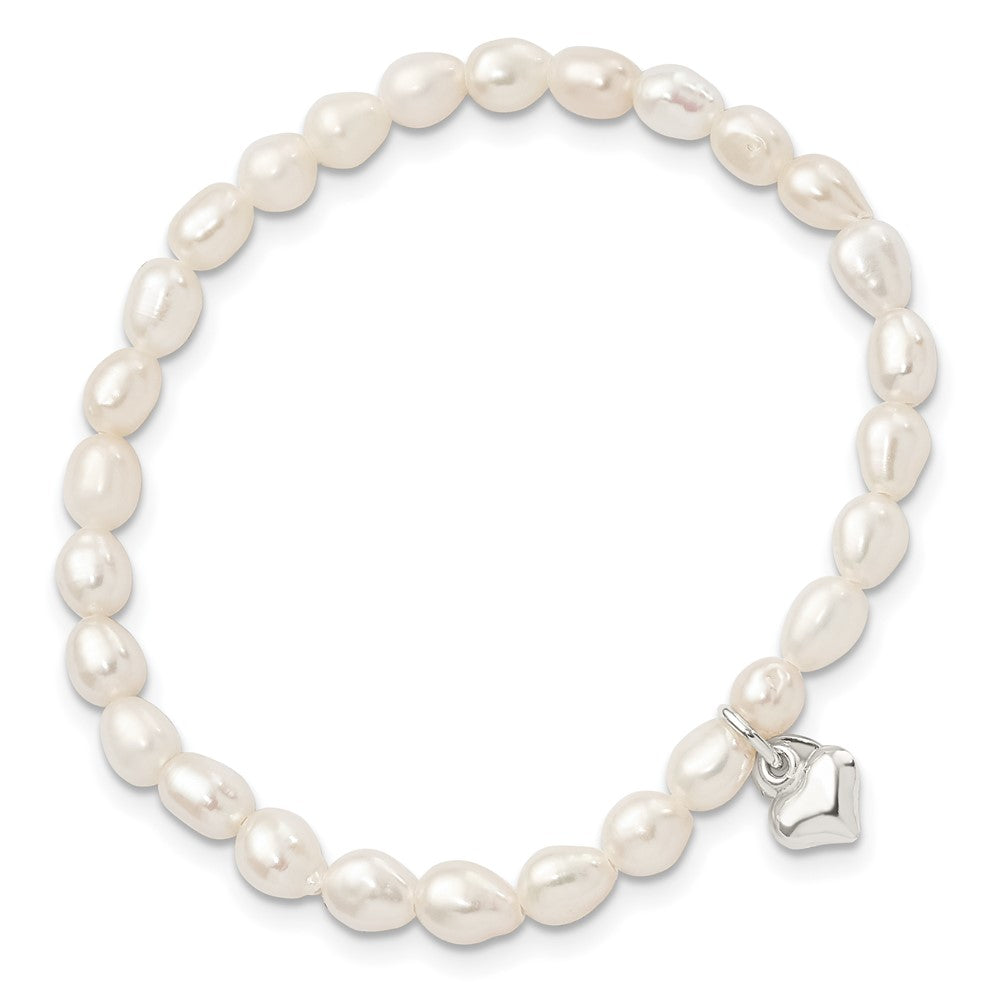 Sterling Silver Polished Fwc Pearl & Heart Children'S Stretch Bracelet