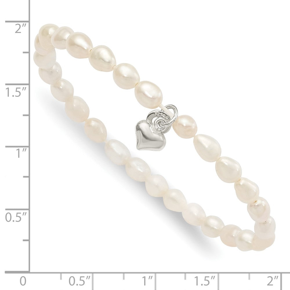 Sterling Silver Polished Fwc Pearl & Heart Children'S Stretch Bracelet