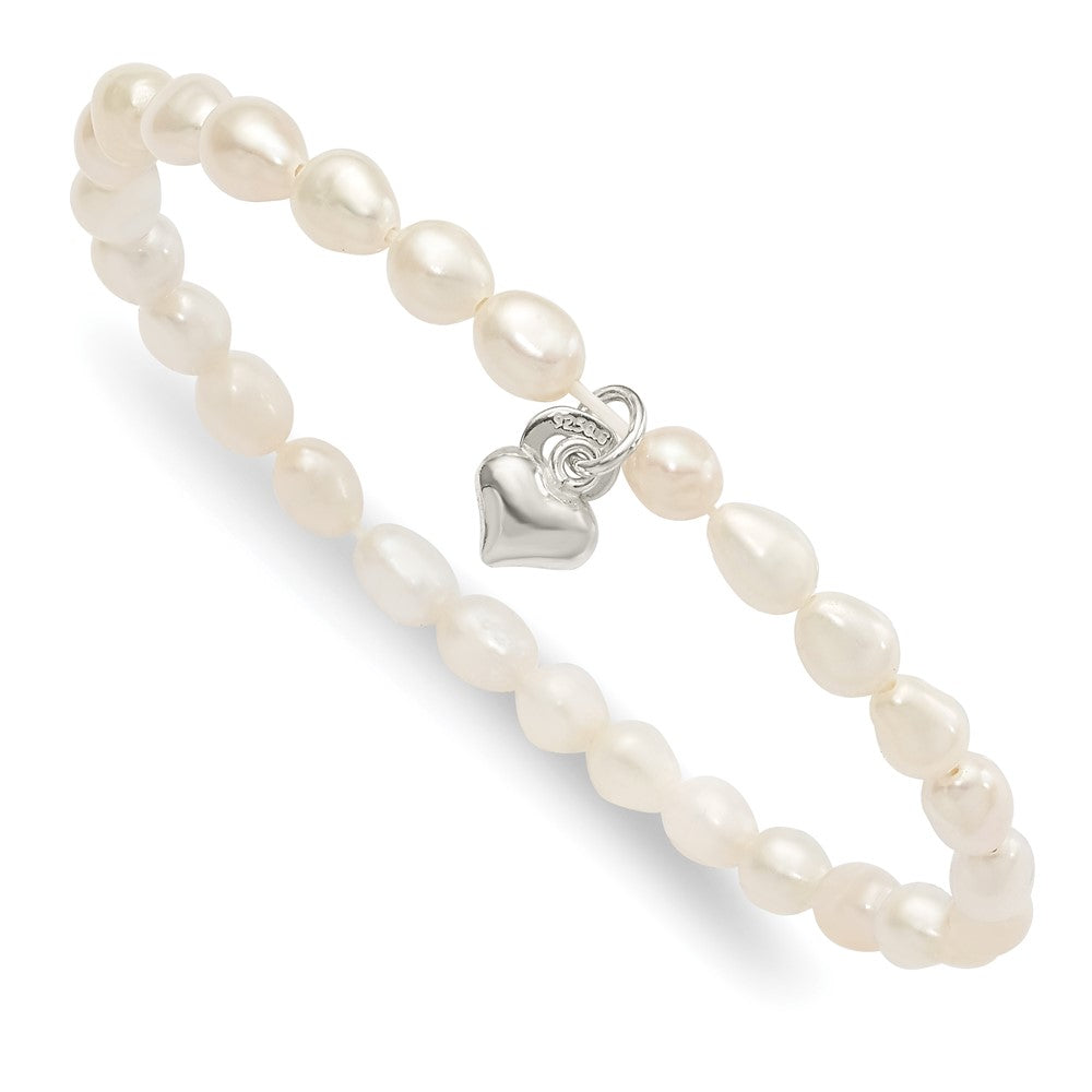 Sterling Silver Polished Fwc Pearl & Heart Children'S Stretch Bracelet