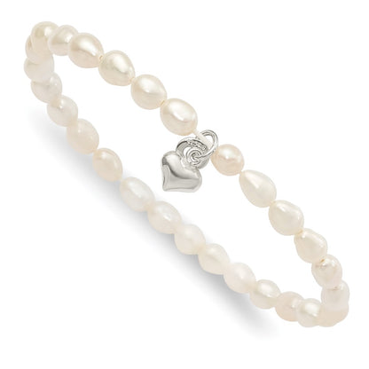 Sterling Silver Polished Fwc Pearl & Heart Children'S Stretch Bracelet