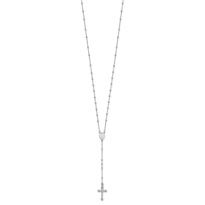Sterling Silver Rhodium-Plated Polished Beaded Rosary 24 Inch Necklace