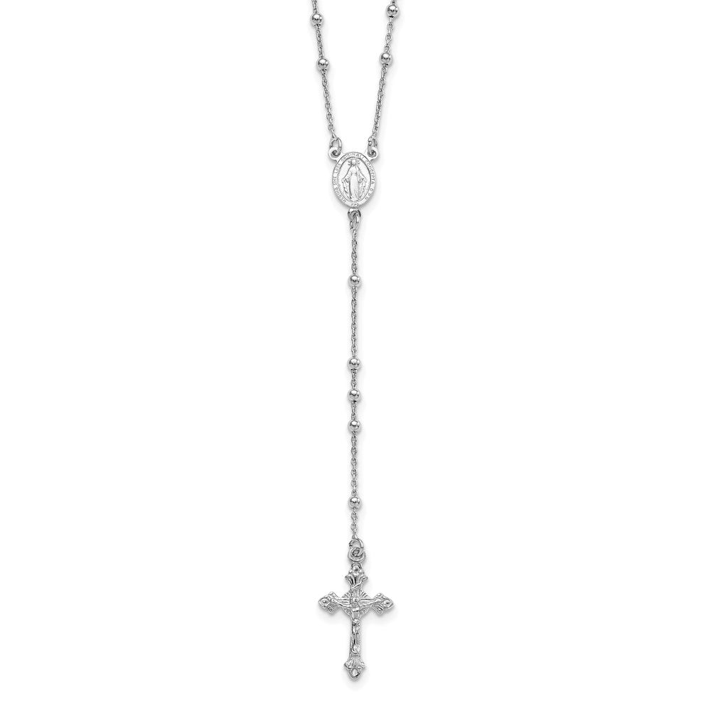 Sterling Silver Rhodium-Plated Polished Beaded Rosary 24 Inch Necklace