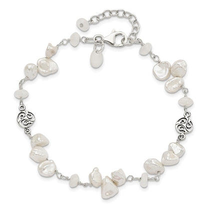 7.5 Inch Sterling Silver Fwc Keshi Pearl W/Moonstone 1In Ext. Fancy Bracelet