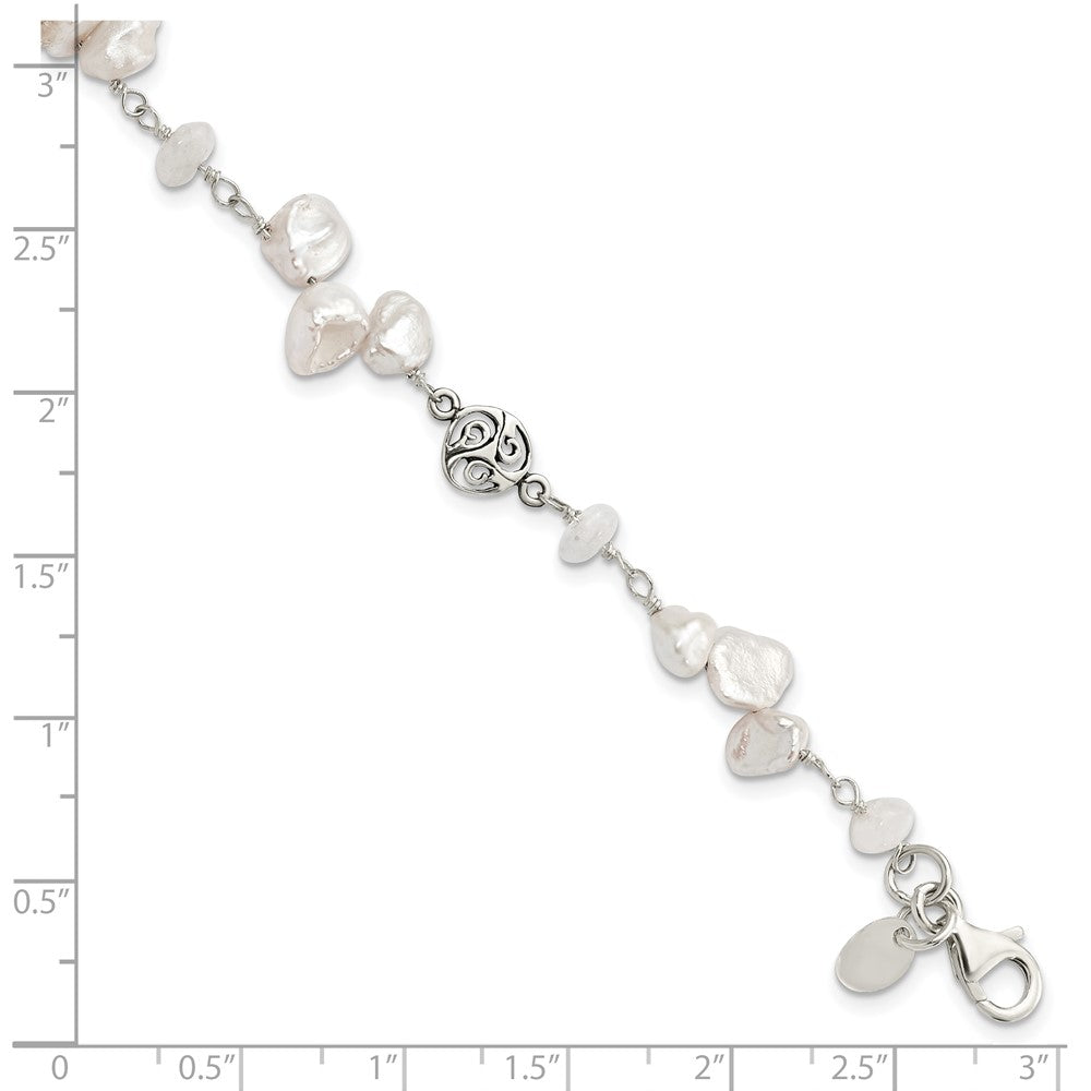 7.5 Inch Sterling Silver Fwc Keshi Pearl W/Moonstone 1In Ext. Fancy Bracelet