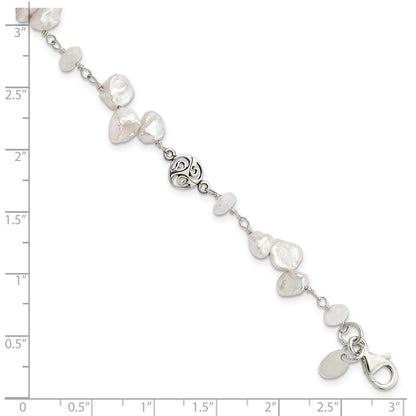 7.5 Inch Sterling Silver Fwc Keshi Pearl W/Moonstone 1In Ext. Fancy Bracelet