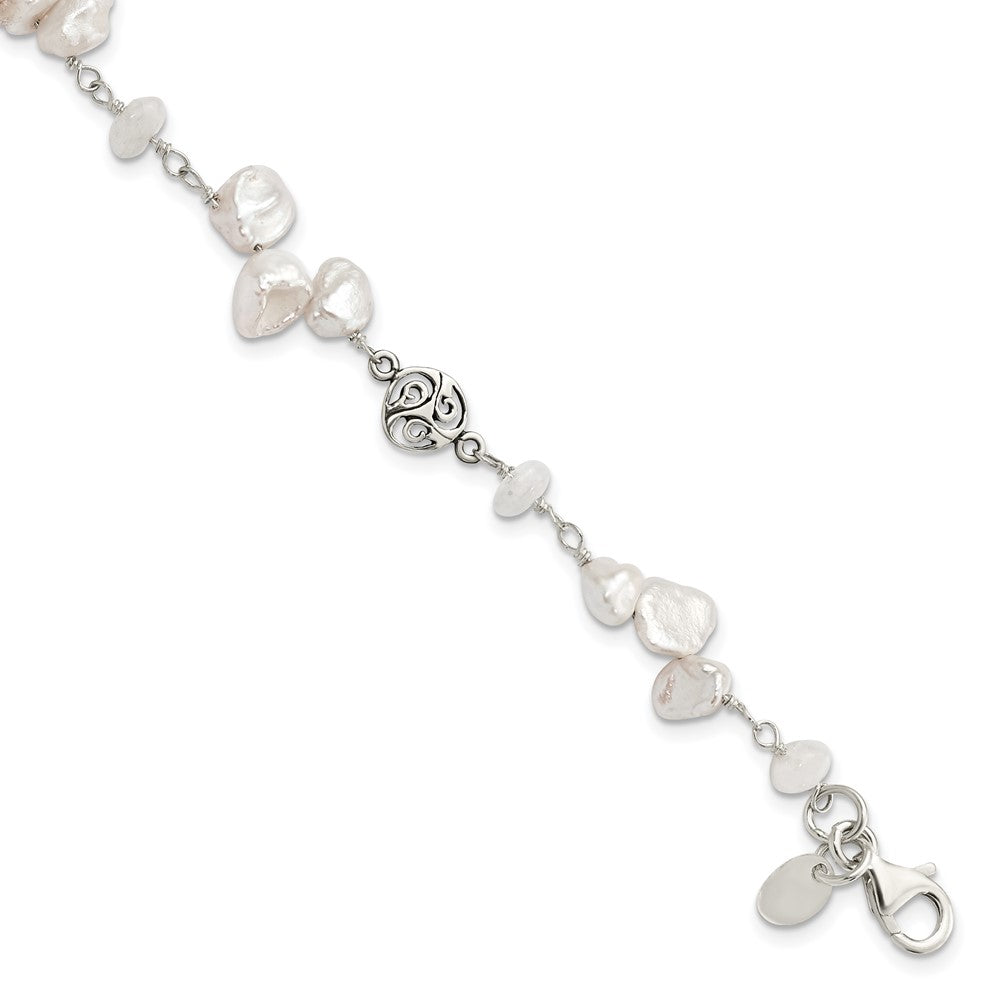 7.5 Inch Sterling Silver Fwc Keshi Pearl W/Moonstone 1In Ext. Fancy Bracelet