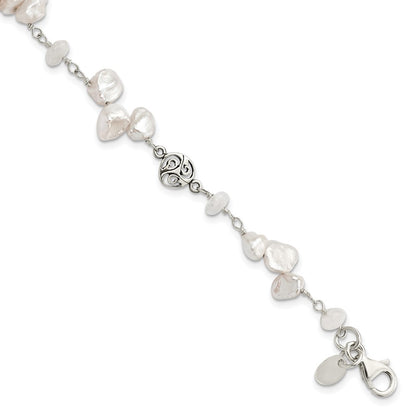 7.5 Inch Sterling Silver Fwc Keshi Pearl W/Moonstone 1In Ext. Fancy Bracelet