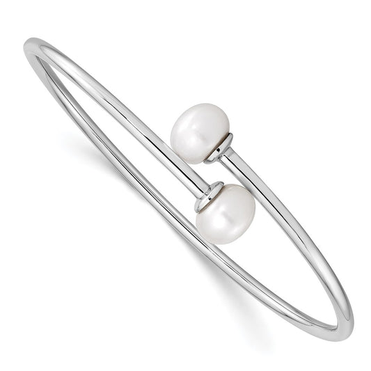 Sterling Silver Rhodium 9-10mm White Fwc Pearl Flexible Cuff Bangle