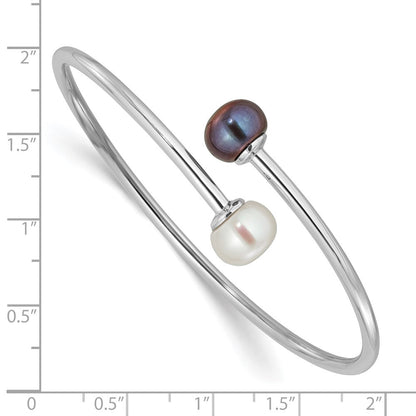 Sterling Silver Rhodium Plated 9-10mm Black/white Fwc Pearl Flexible Bangle