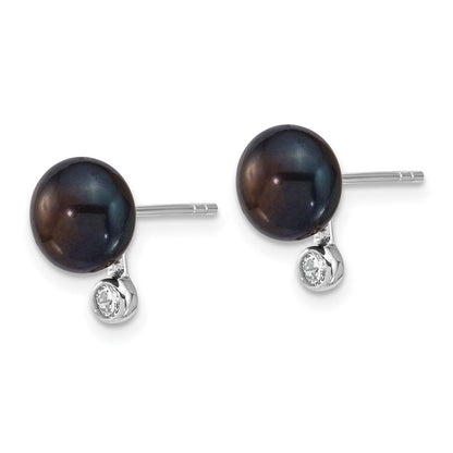 Sterling Silver Rhod Black Fwc Pearl & CZ 17in Necklace/earring Set