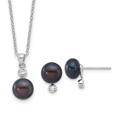 Sterling Silver Rhod Black Fwc Pearl & CZ 17in Necklace/earring Set