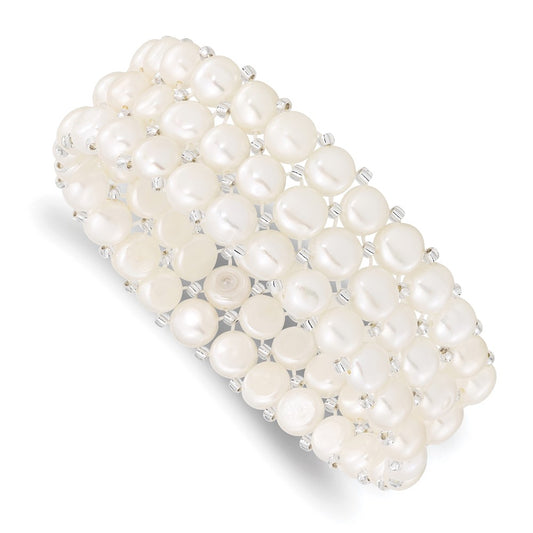 Fashion 6-7mm White Button Freshwater Cultured Pearl And Glass Beaded 3-Row Stretch Bracelet