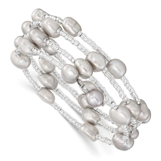 Fashion 8-9mm Grey Baroque Freshwater Cultured Pearl And Glass Beaded Wrap Bracelet