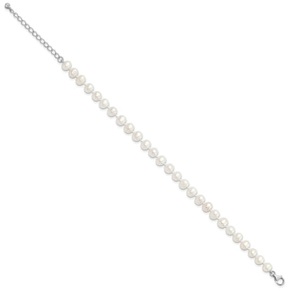 Sterling Silver Rh-Plated 7-8mm Fwc Pearl Cz W/2In Ext Anklet