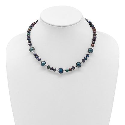 Sterling Silver Rhodium Plated 6-9mm Black Fwc Pearl 5-station Necklace