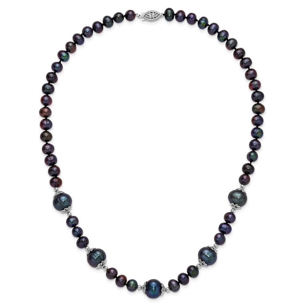 Sterling Silver Rhodium Plated 6-9mm Black Fwc Pearl 5-station Necklace