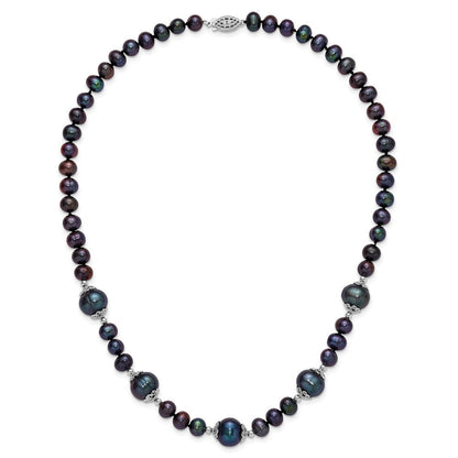 Sterling Silver Rhodium Plated 6-9mm Black Fwc Pearl 5-station Necklace