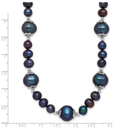 Sterling Silver Rhodium Plated 6-9mm Black Fwc Pearl 5-station Necklace